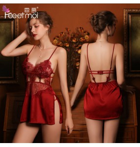 FEE ET MOI Sexy Lace Deep V Neck Backless Dress (Burgundy)